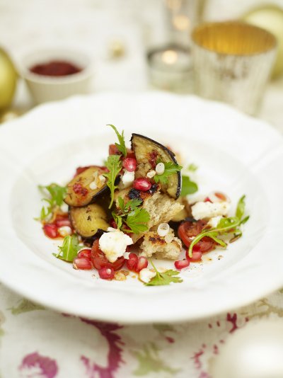 Warm aubergine, pomegranate and harissa salad