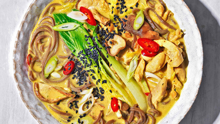 Quick chicken ramen with turmeric, miso and pak choi