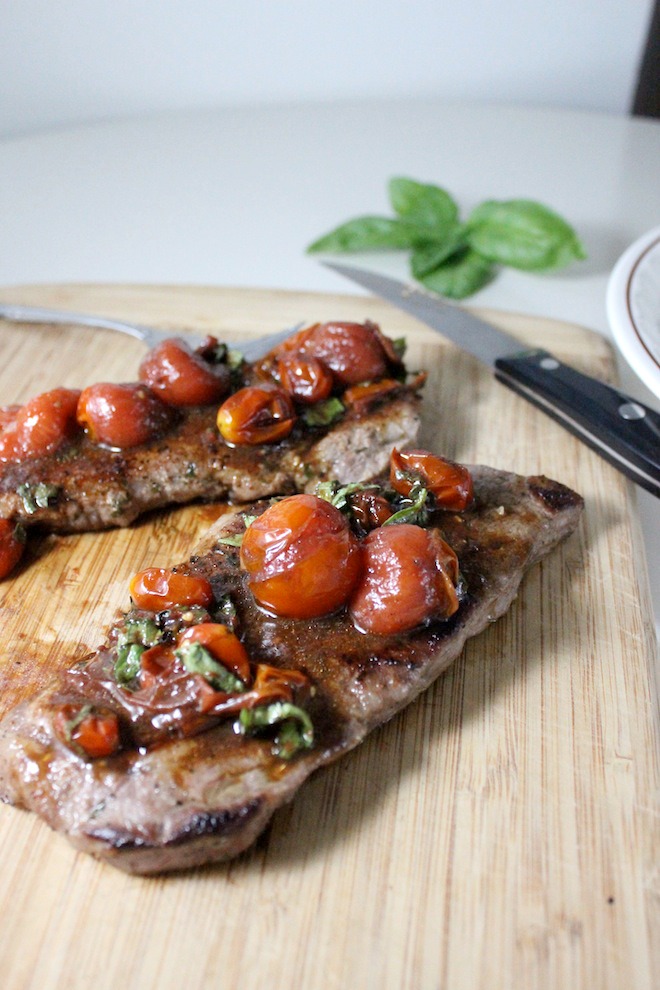 Pan Seared Steak With Balsamic and Basil Cherry Tomatoes